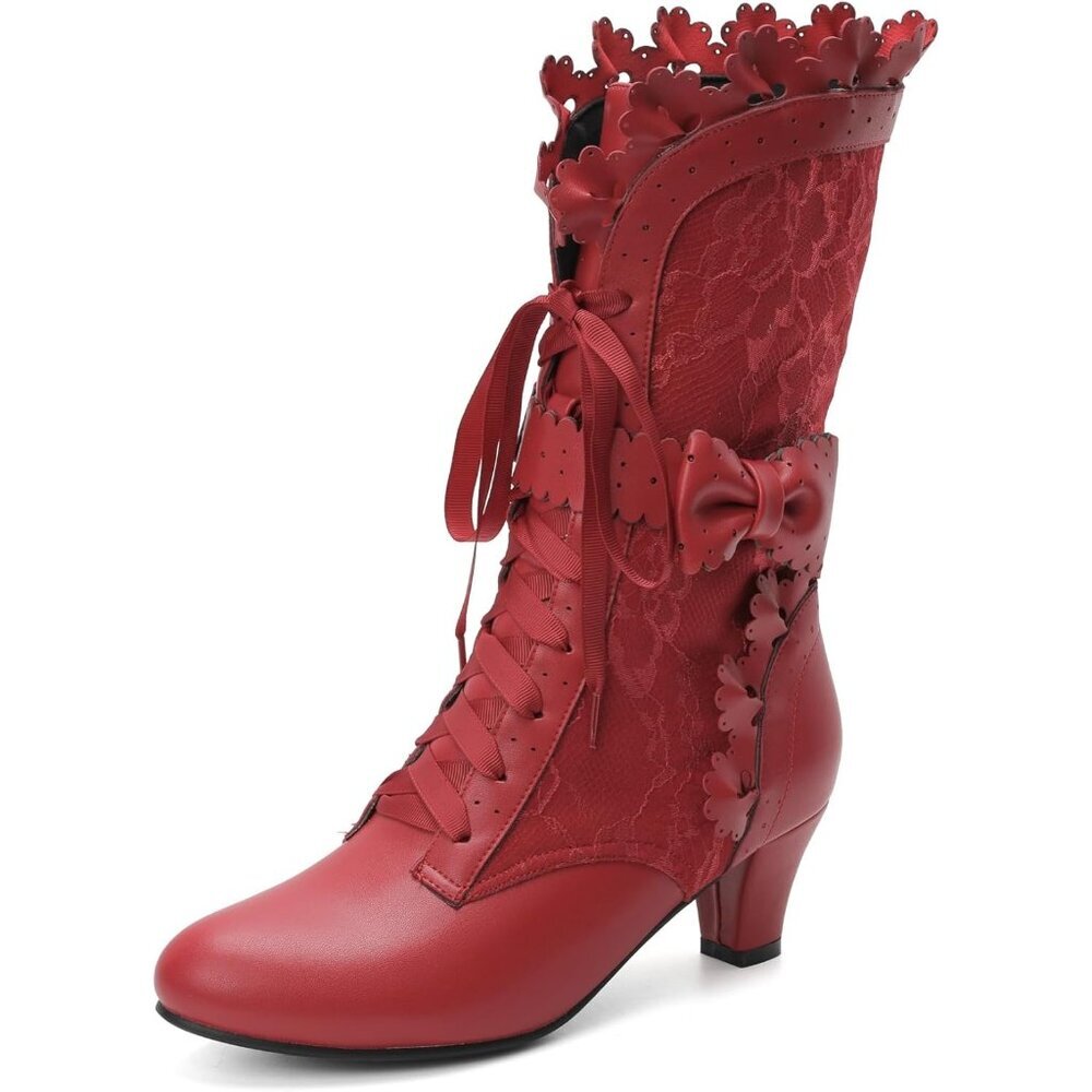 Women's Leather Red Victorian Boots Chunky Heel Lace up Cute Bow Knot Mid Calf